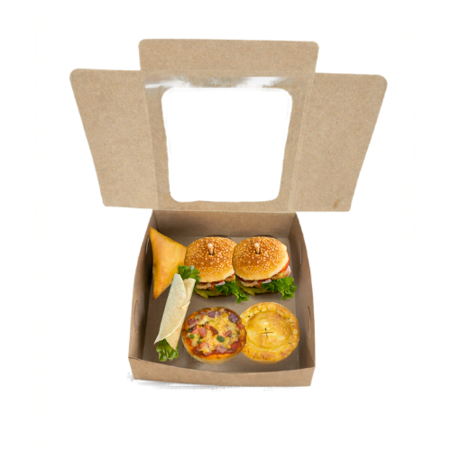 Open cardboard snack box with mini burgers, buns, and pastries inside
