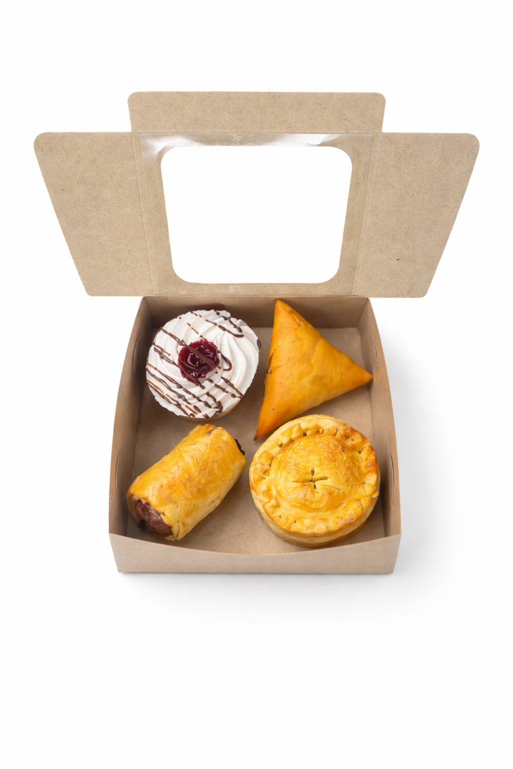 Snack box option 1 with assorted pastries: round pie, cheese roll, and triangular pastry