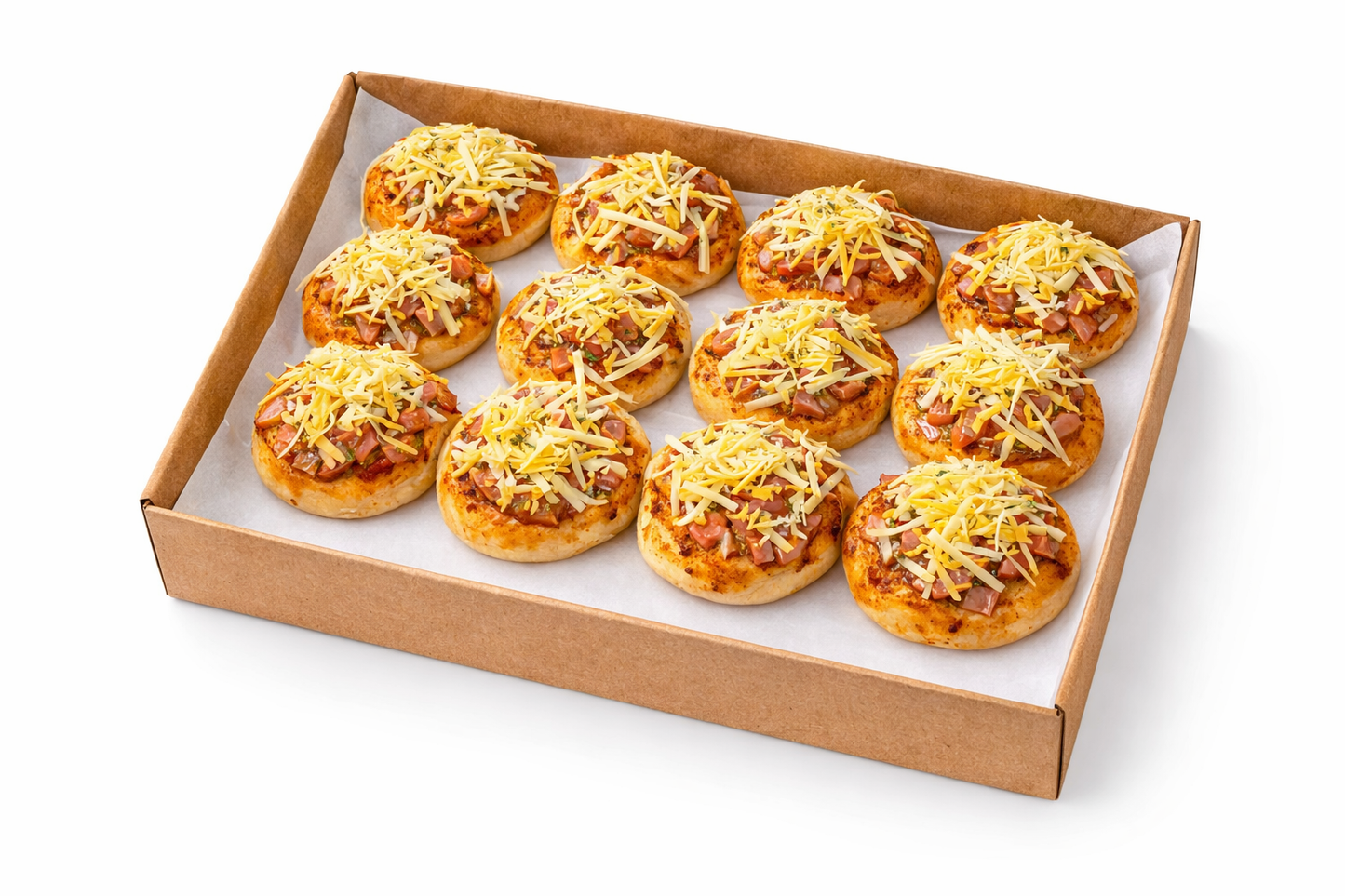 Frozen Pizzas with shredded cheese topping in a cardboard tray