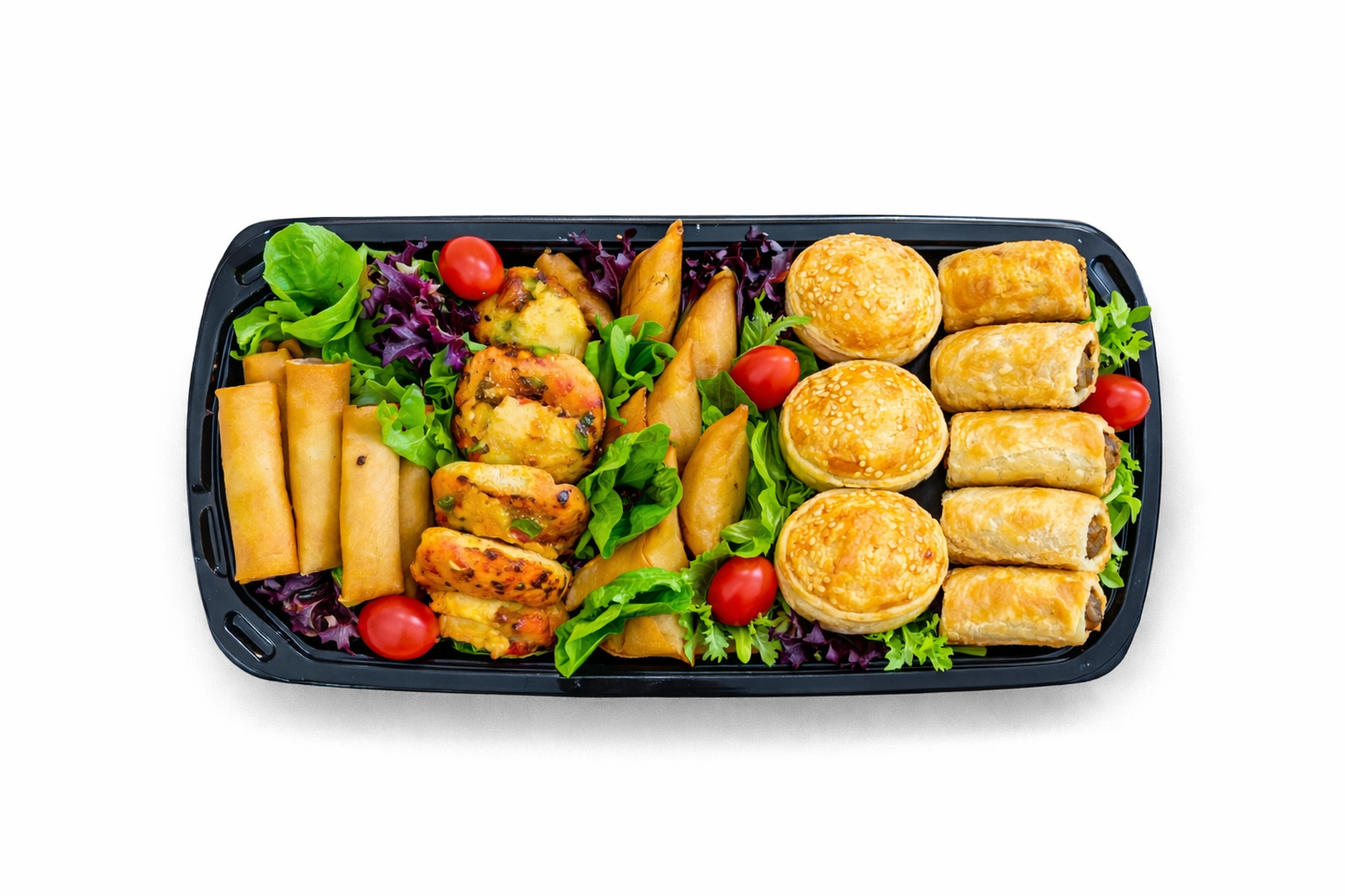 The Half Savoury Platter with breaded bites, sausage rolls, pastries, and salad greens