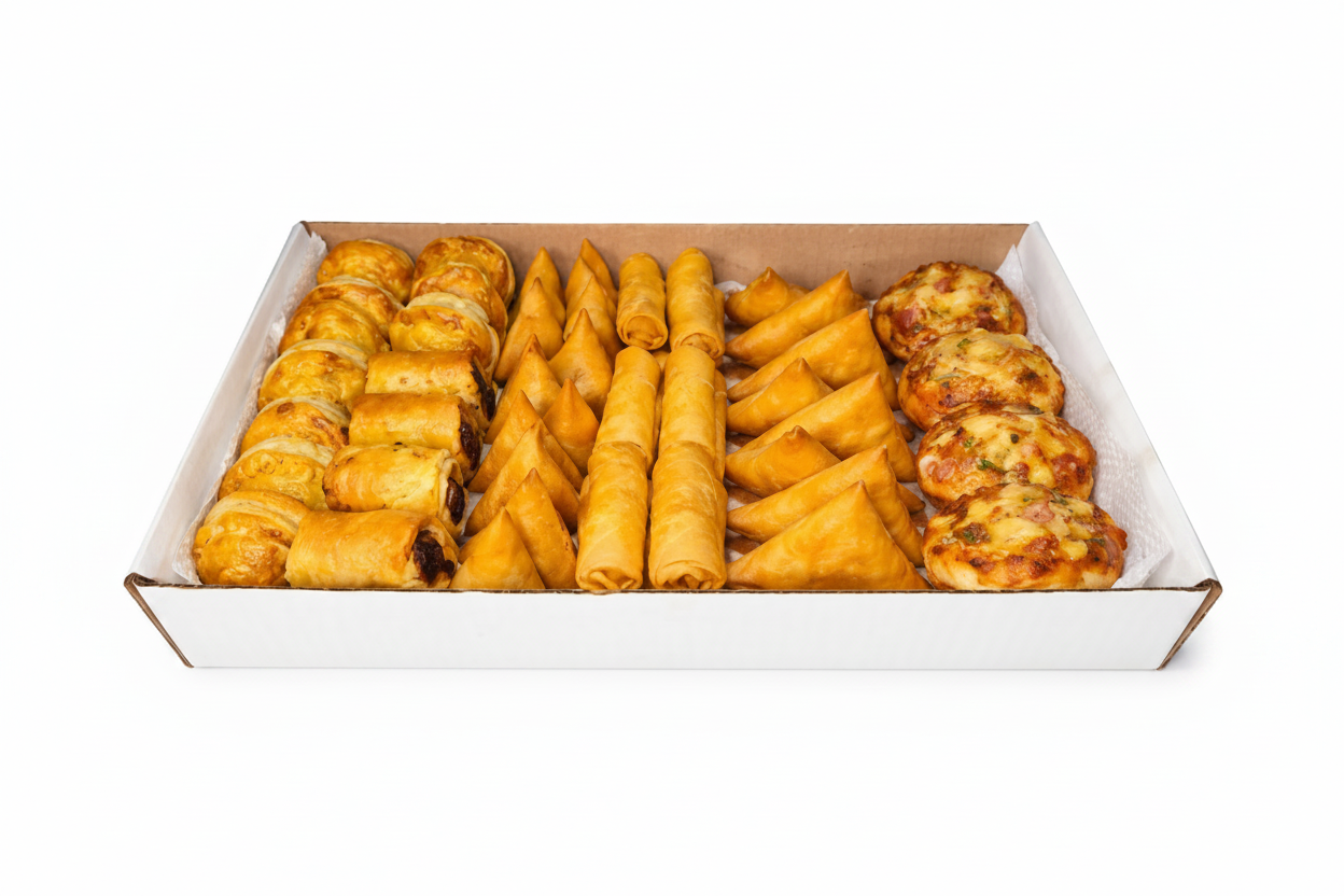 Fried mixed snack box with golden pastry cones and stuffed pieces