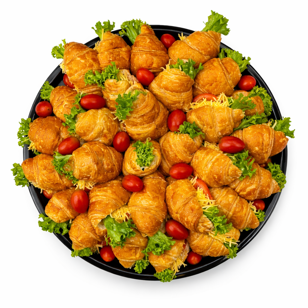 Croissant platter with golden mini croissants, cherry tomatoes, and parsley garnish