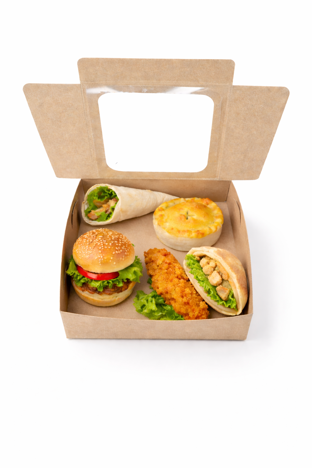 Snack Box Option 6 open with burgers, wraps, and pastry in kraft box