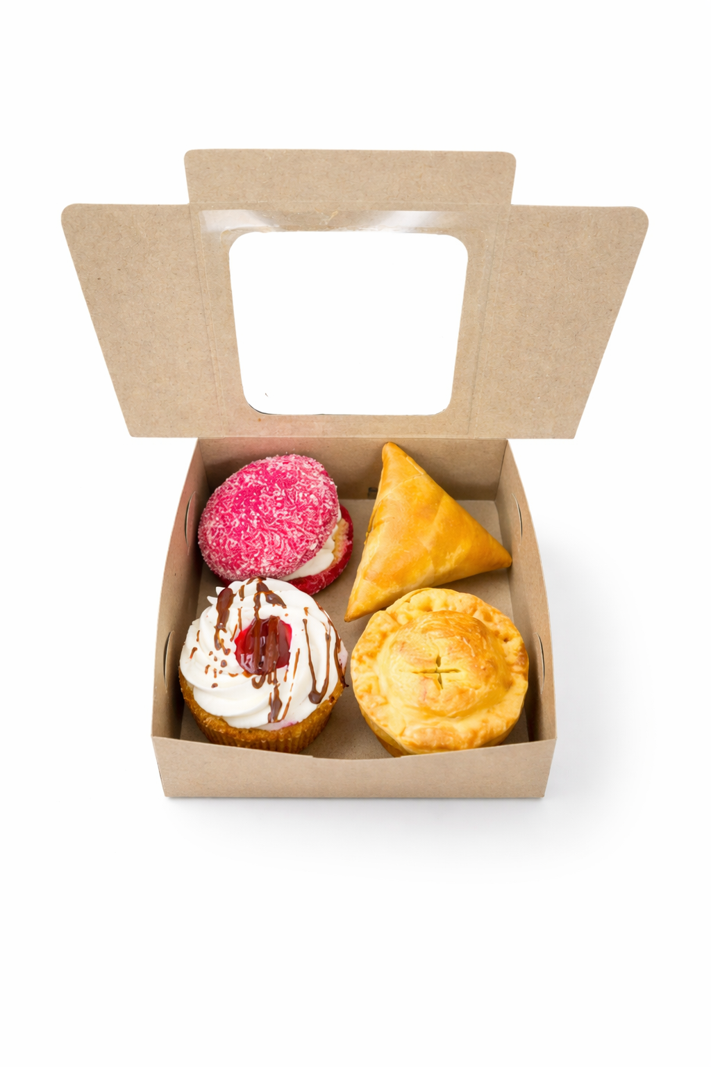 Snack Box Option 3: offenes Snackpaket mit pinkem und weißen Cupcakes sowie goldenen Gebäckstücken