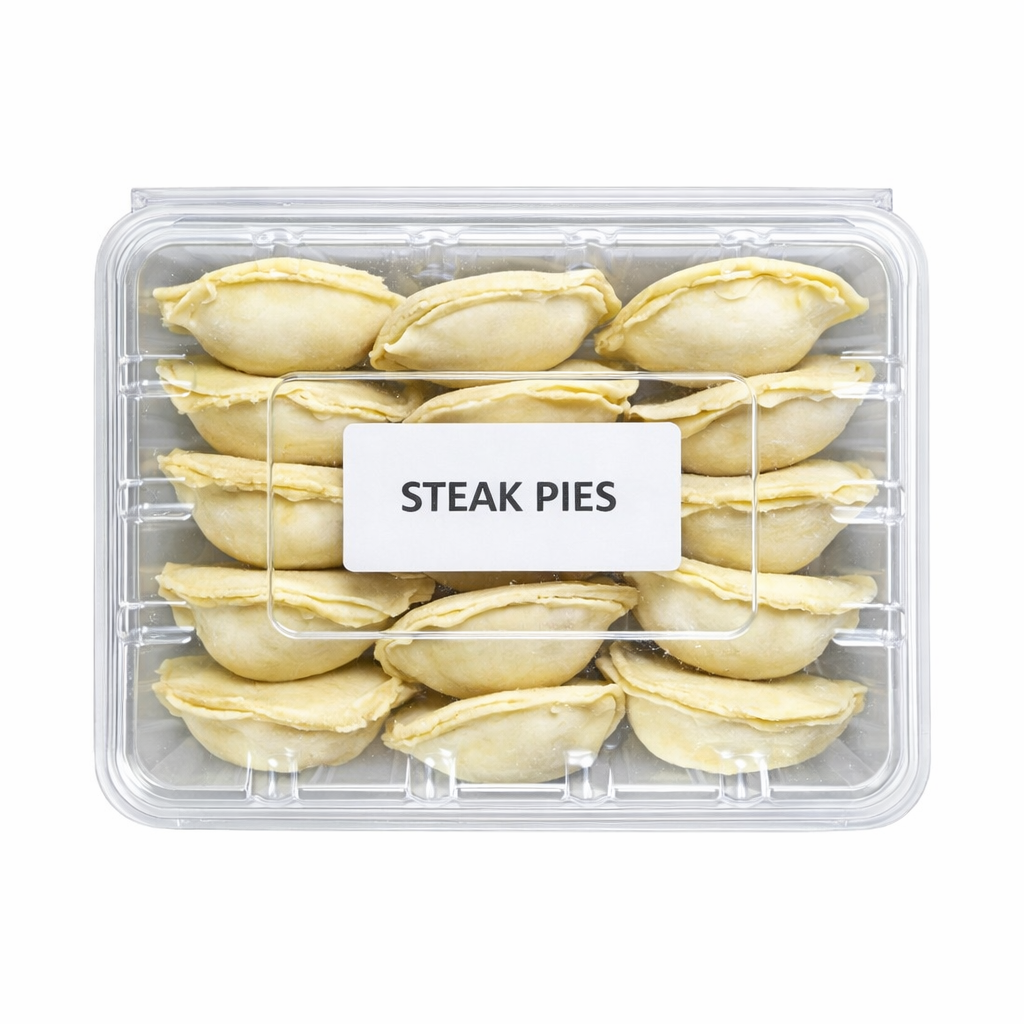 Pre packed frozen steak pies in clear plastic tray, label “STEAK PIES”