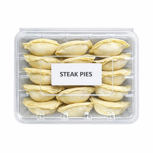 Pre packed frozen steak pies in clear plastic tray, label “STEAK PIES”
