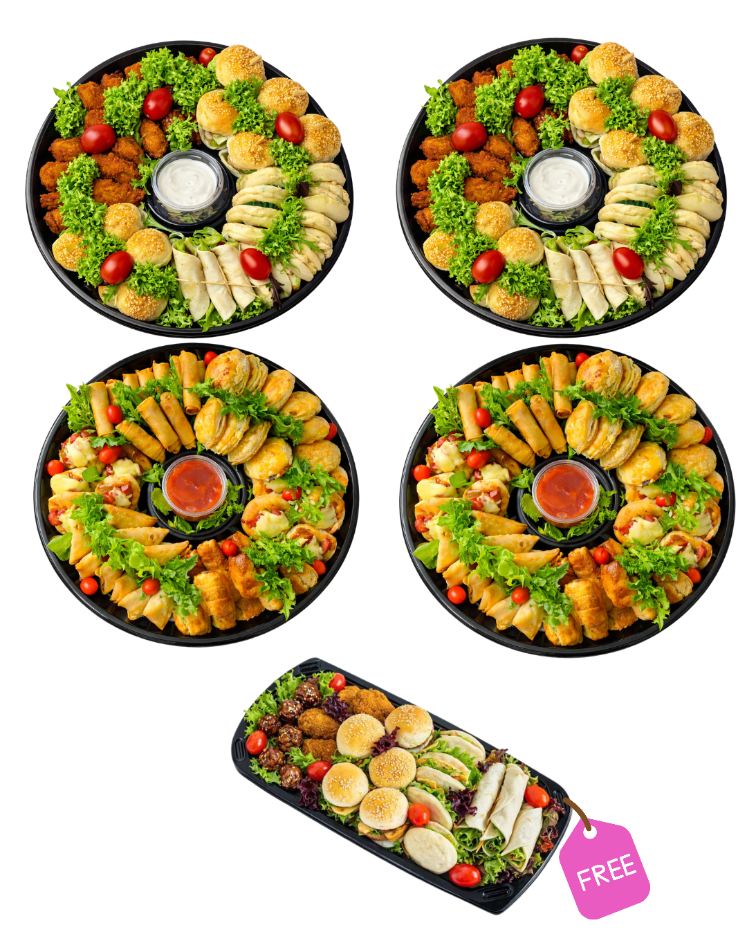 Assorted platter set with veggies, rolls, and sliced meats in round and oval trays