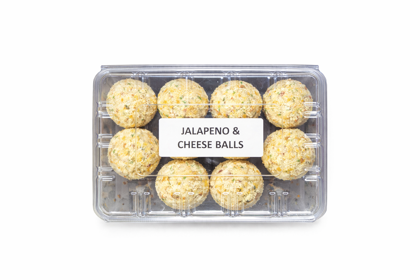 Pre Packed Frozen Jalapeno & Cheese Balls in clear plastic tray, coated balls