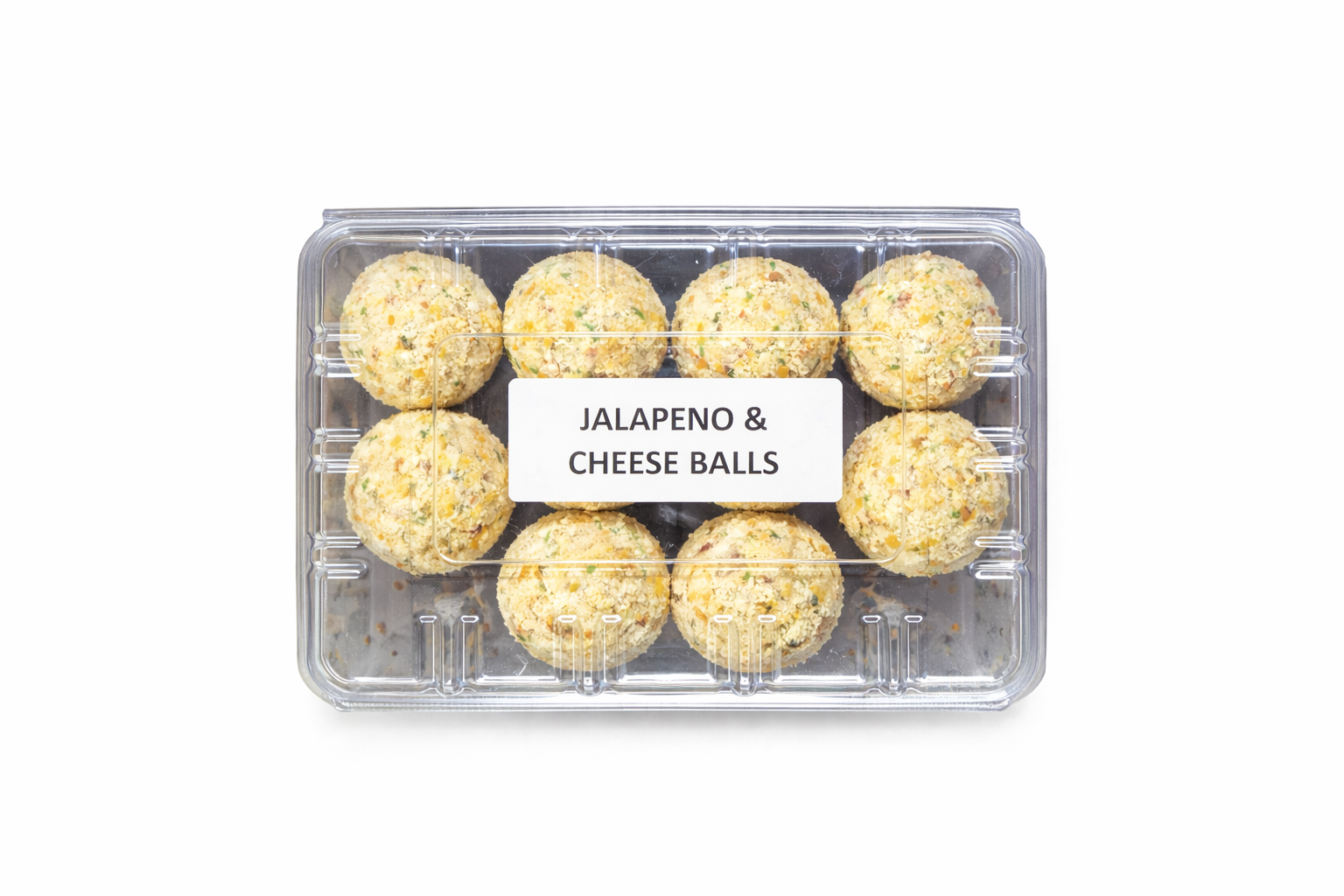 Pre Packed Frozen Jalapeno & Cheese Balls in clear plastic tray, coated balls