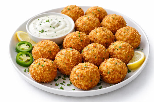 Jalapeño & Cheese Balls: golden fried cheese balls with ranch dip, lemon & jalapeño slices