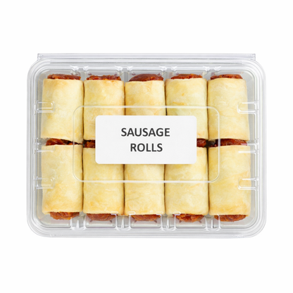Prepacked frozen sausage rolls in plastic tray, label “SAUSAGE ROLLS”