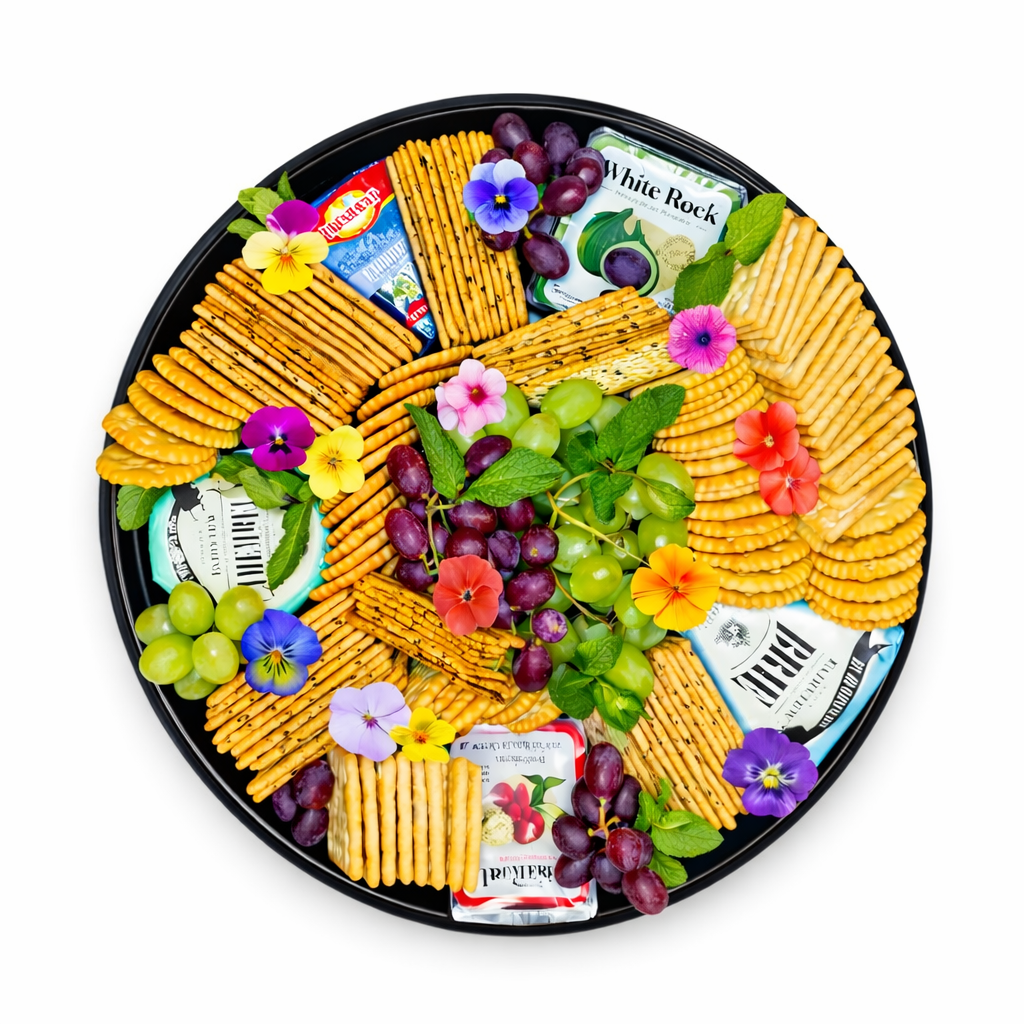 Cheese platter with crackers, grapes, herbs, and cheese wedges