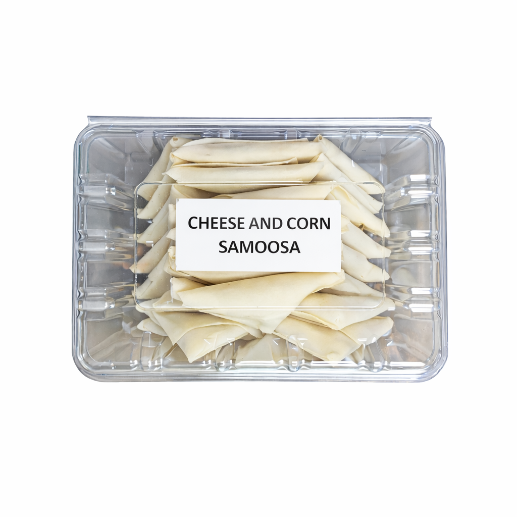 Frozen cheese and corn samoosas in tray, pre-packed