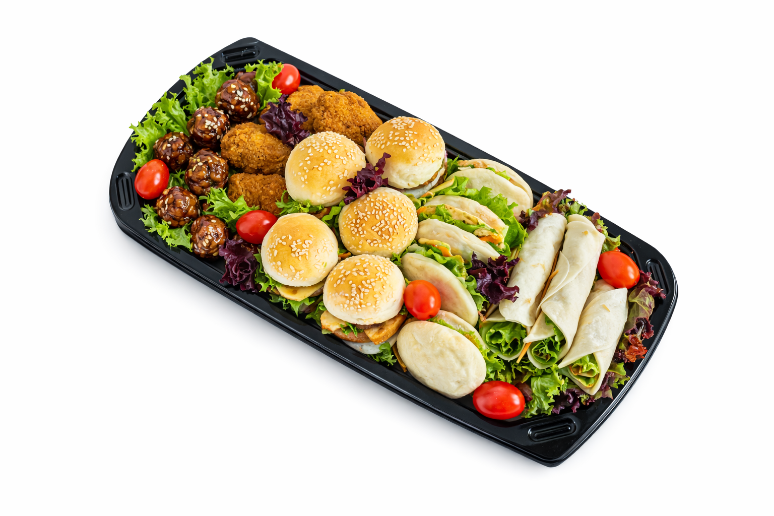 Half meat platter with mini sliders, fried bites, lettuce, tomatoes, and wraps