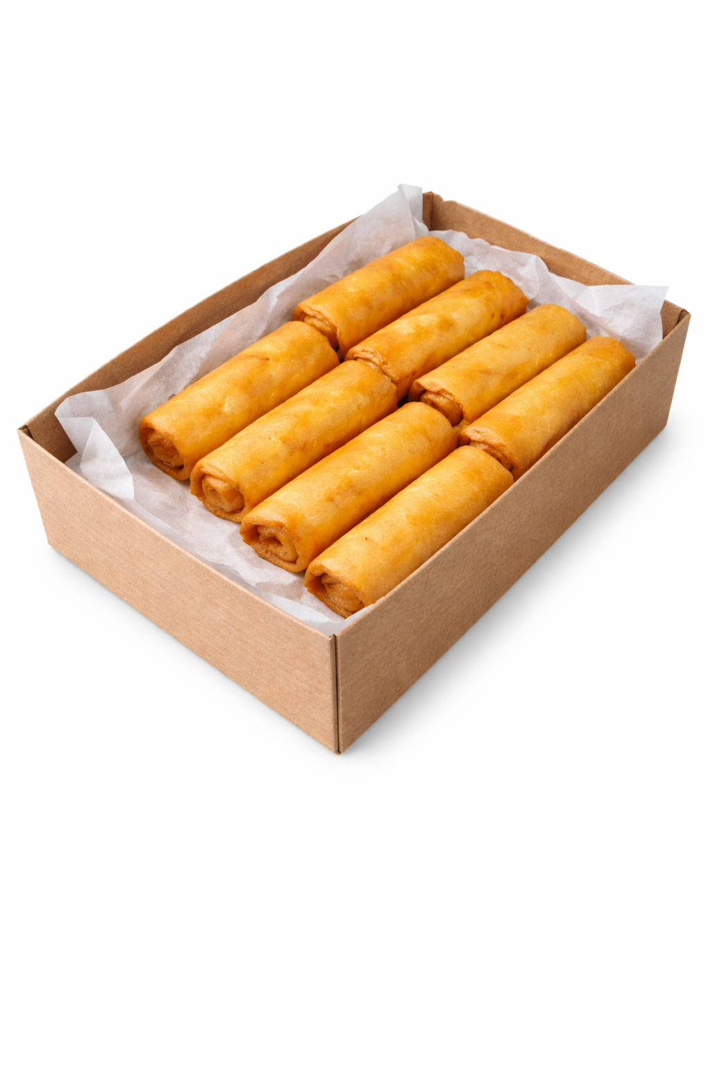 Fried spring rolls in a cardboard box, golden crispy rolls