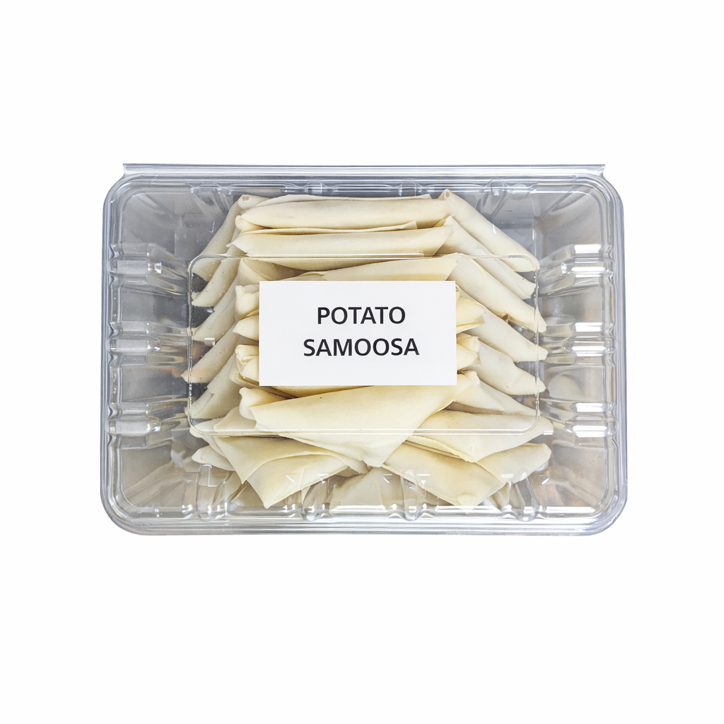 Frozen potato samoosas in tray, pre-packed