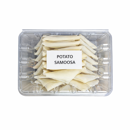 Frozen potato samoosas in tray, pre-packed