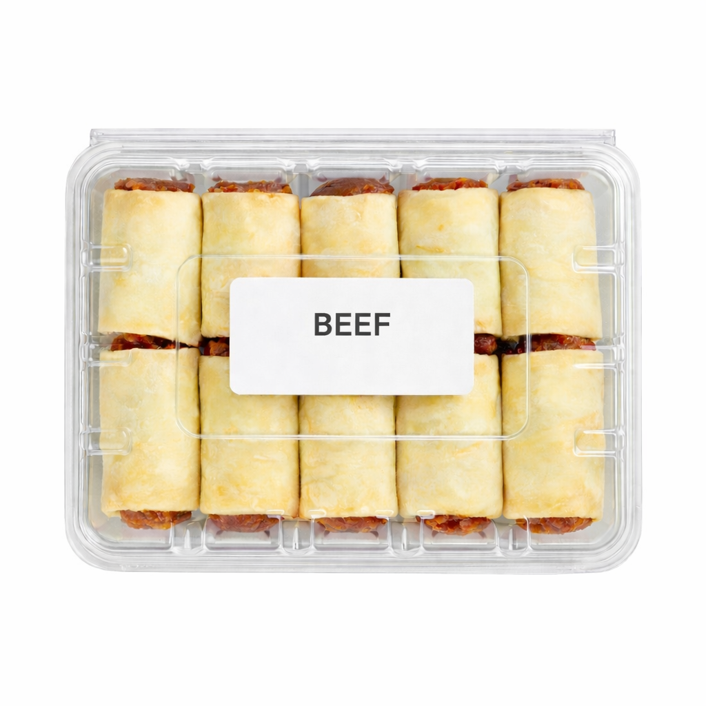 Prepacked frozen sausage rolls in plastic tray, label “BEEF”