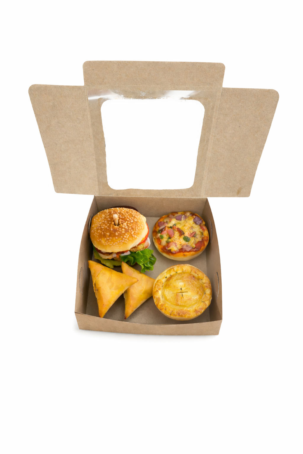 Snack Box Option 5 open tray with burger, mini pizza, pasties and a savory quiche