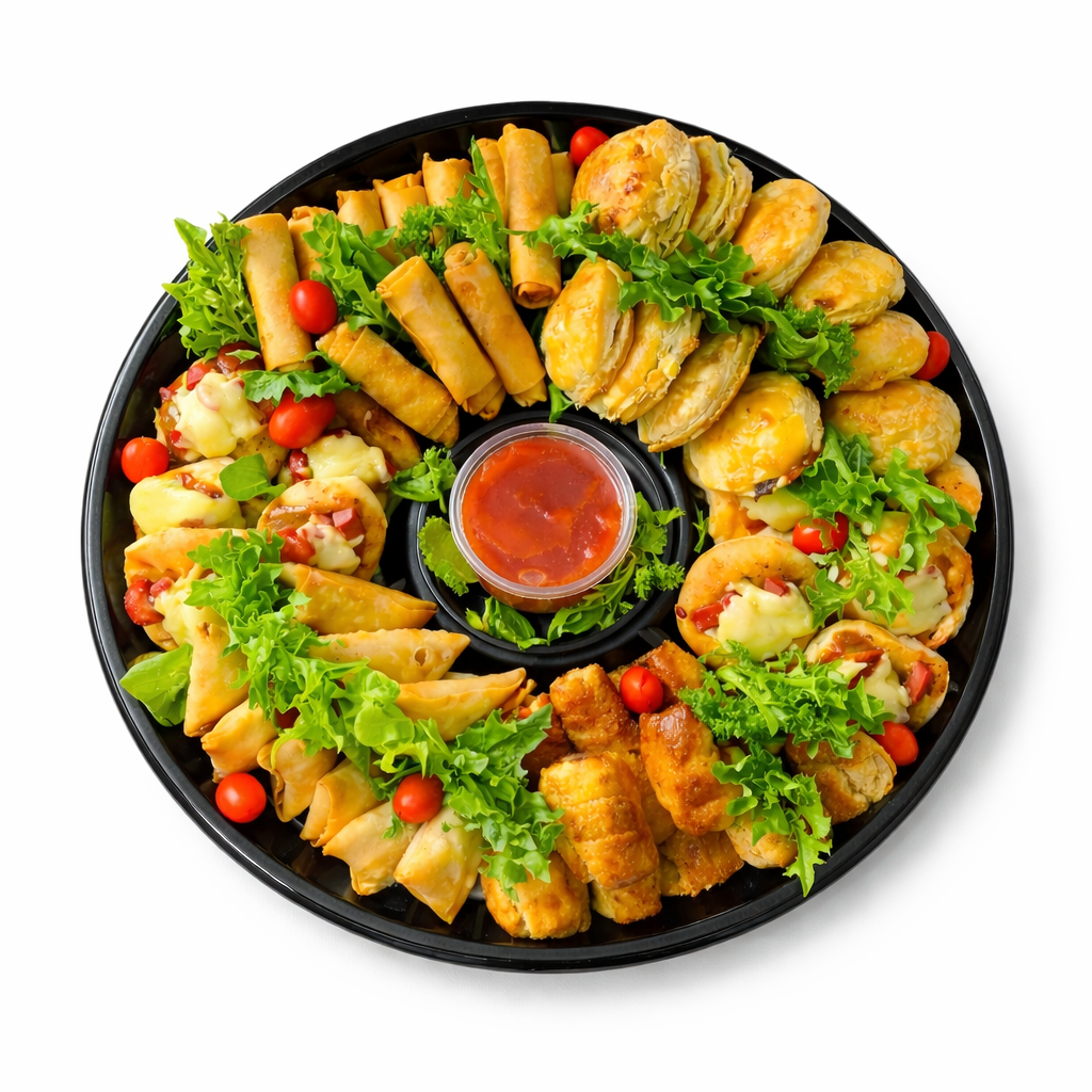 The Savoury Platter: assortments with fresh greens, cherry tomatoes and red dipping sauce