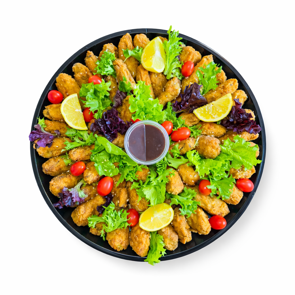 The Wing Platter with chicken wings, lettuce, purple cabbage, cherry tomatoes, lemon wedges