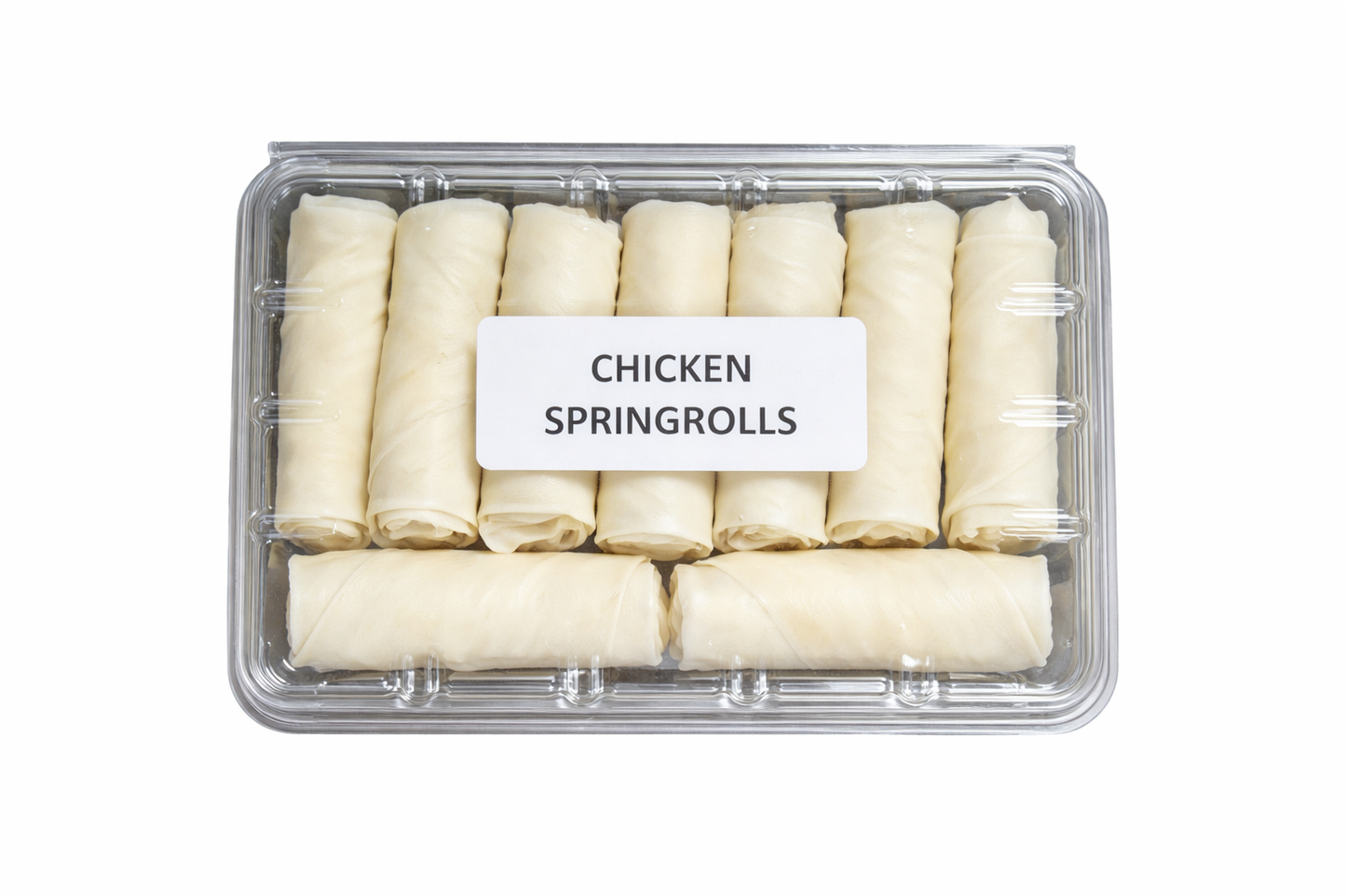 Pre Packed frozen chicken spring rolls in clear tray