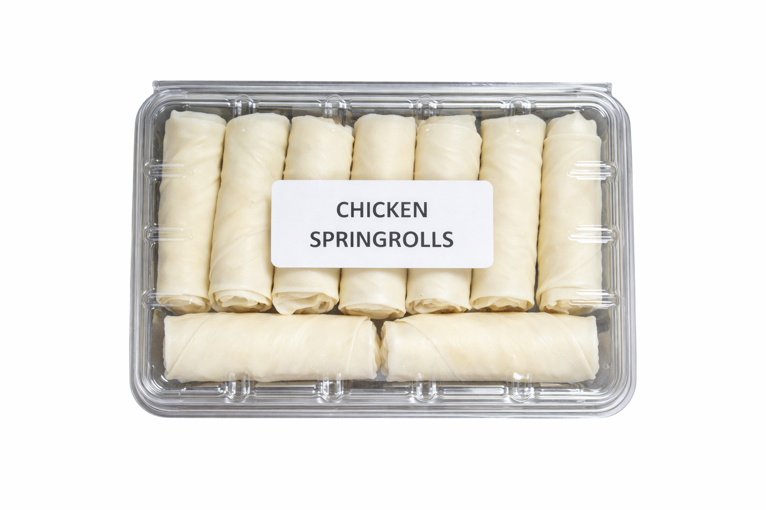 Pre Packed frozen chicken spring rolls in clear tray