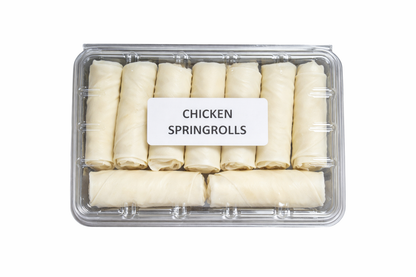 Pre Packed frozen chicken spring rolls in clear tray
