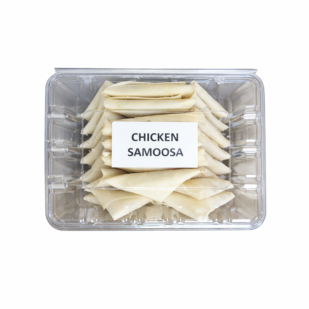 Frozen chicken samoosas in tray, pre-packed
