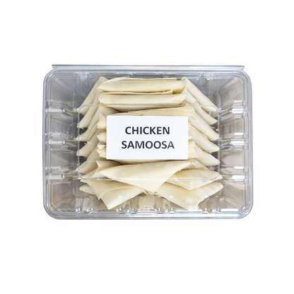 Frozen chicken samoosas in tray, pre-packed