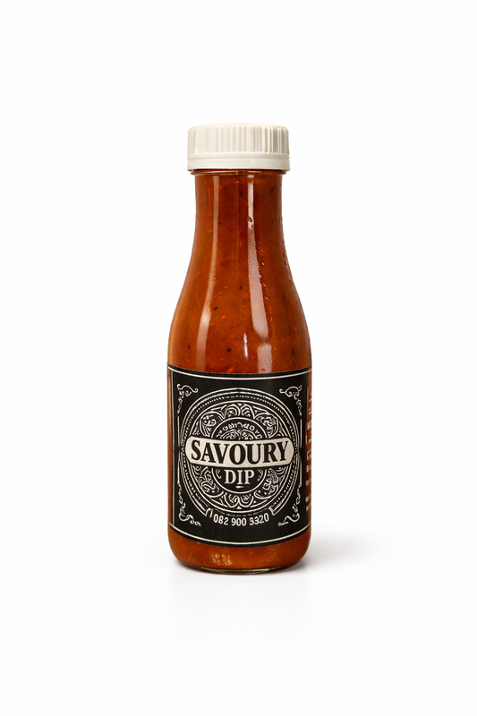 Savoury dip in glass bottle with white screw cap, dark red sauce