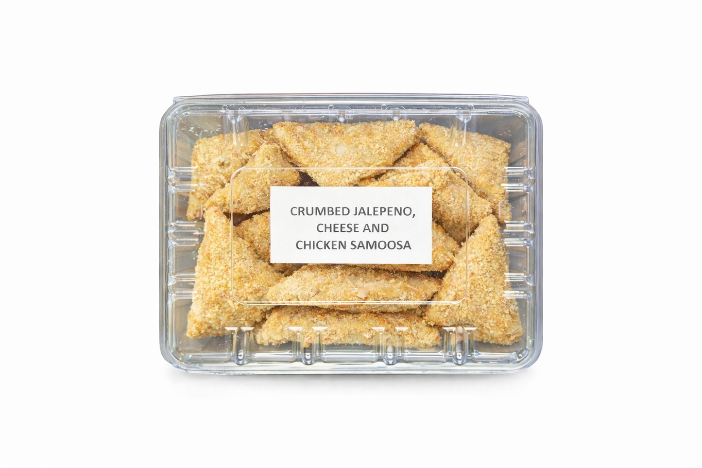 Frozen crumbed samoosas: Jalapeño, cheese and chicken in plastic tray