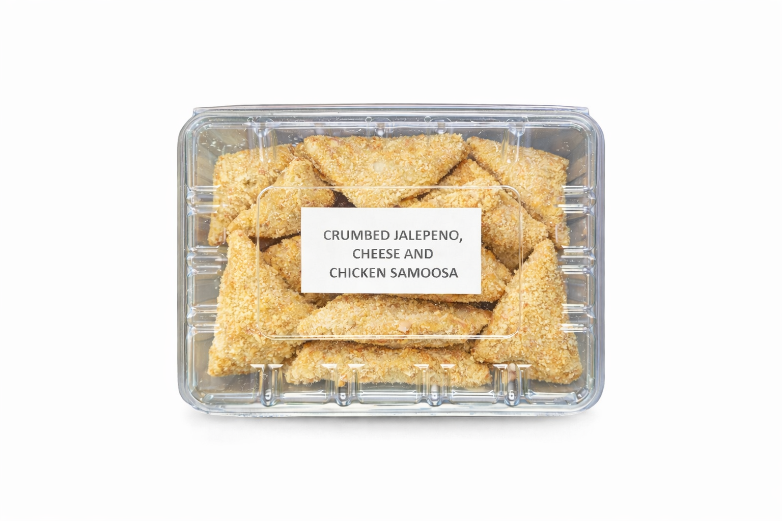 Frozen crumbed samoosas: Jalapeño, cheese and chicken in plastic tray