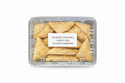 Frozen crumbed samoosas: Jalapeño, cheese and chicken in plastic tray