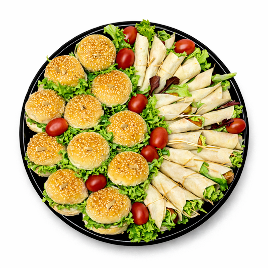 Burger & Wrap Platter: slider burgers and wrap pieces on leafy greens