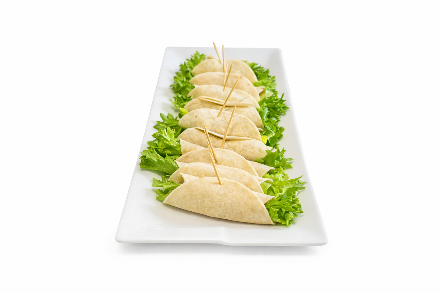 Cocktail Chicken Wrap on lettuce with toothpicks, folded pita wedges on a tray