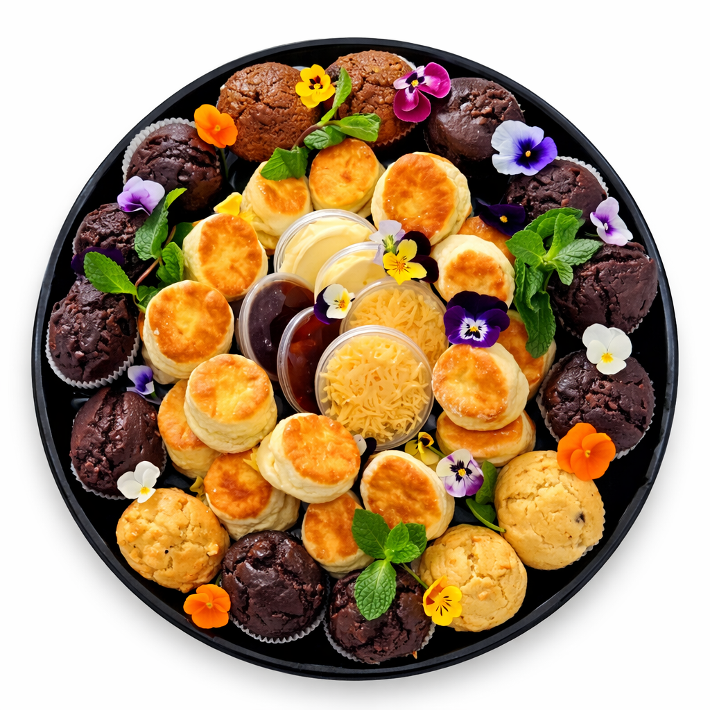 The Scone & Muffin Platter with assorted scones, muffins, and cheese dips in a round tray