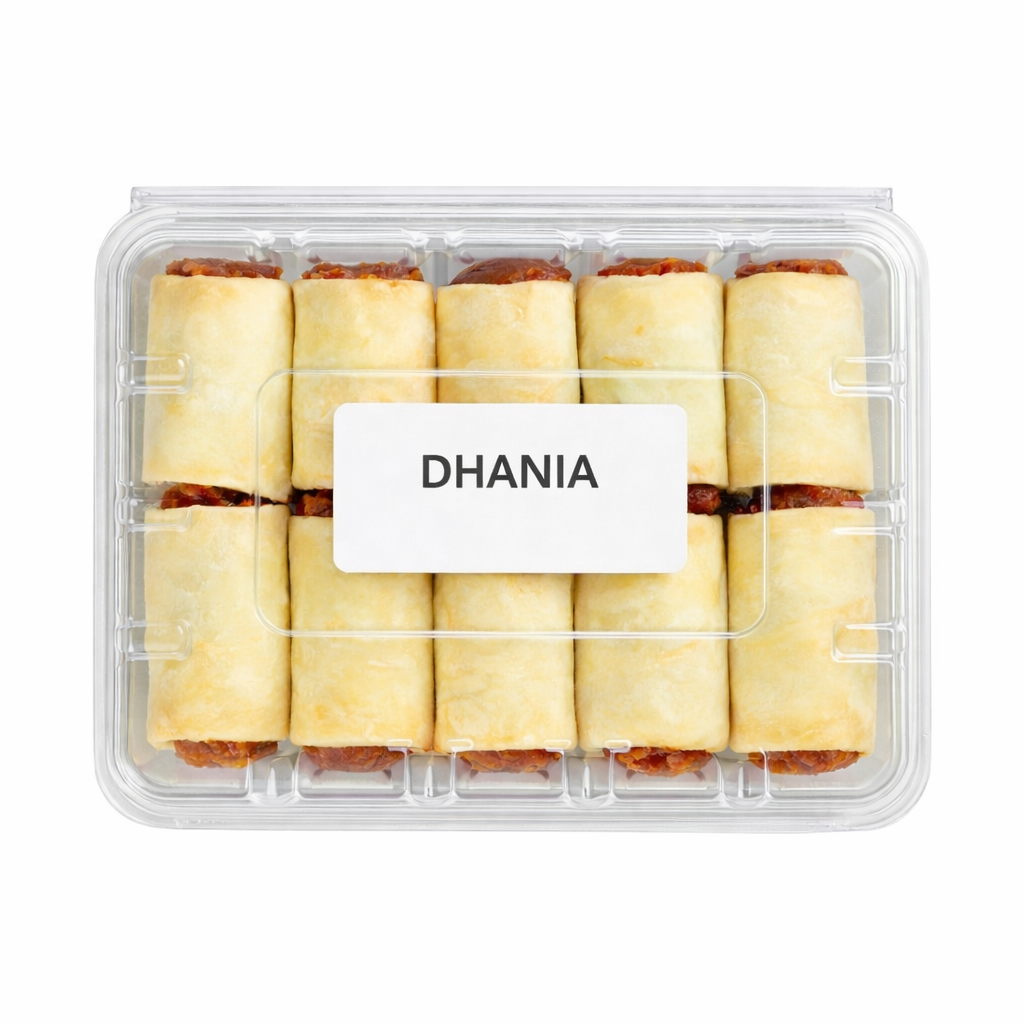 Prepacked frozen sausage rolls in plastic tray, label “DHANIA”
